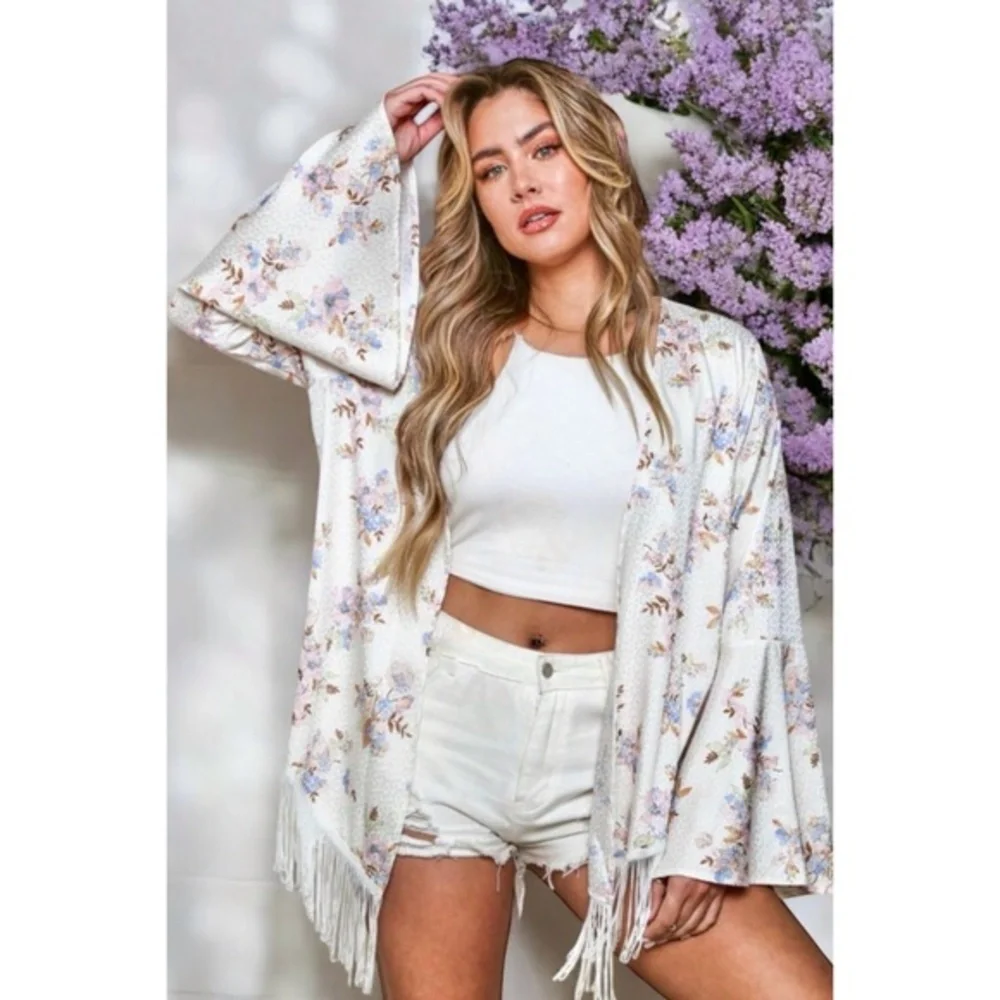 PEACH LOVE Ivory Floral Print Satin Cardigan with Fringe - Picture 2 of 8